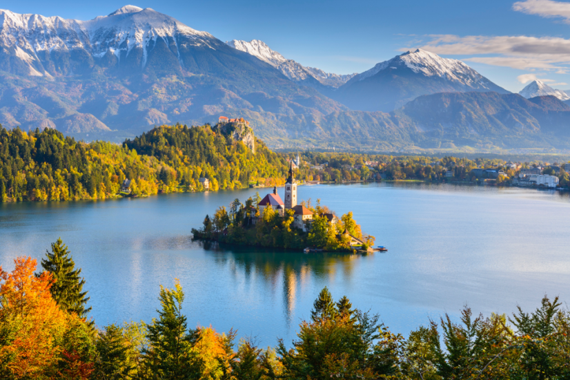Bled lake with church in summer
